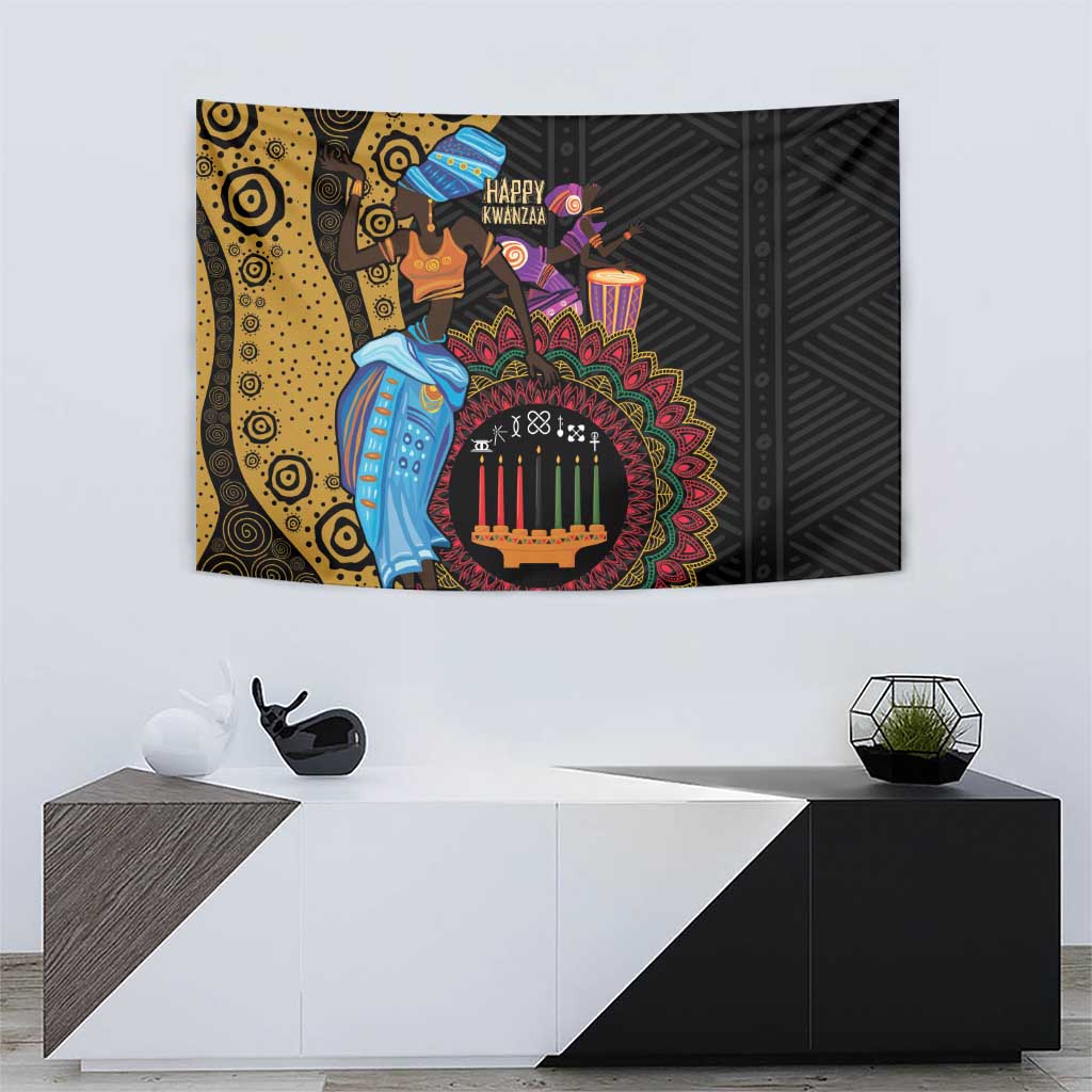 African Kwanzaa tapestry with dancing figures, candles, and bold circular tribal artwork