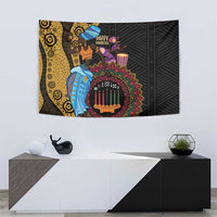 African Kwanzaa tapestry with dancing figures, candles, and bold circular tribal artwork