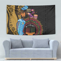 African Kwanzaa tapestry showing figures, candles, and detailed tribal medallion