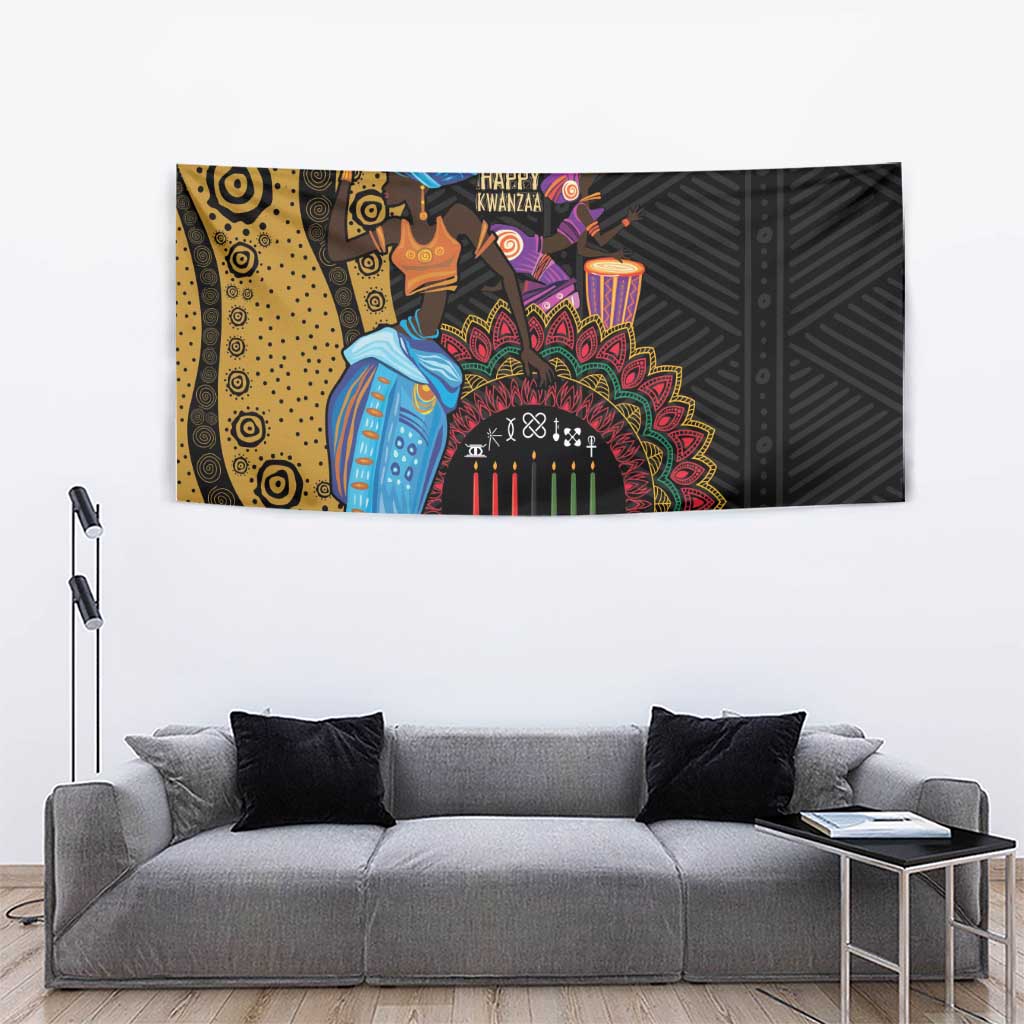 African Kwanzaa wall tapestry with colorful characters, candles, and tribal geometric art