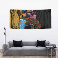 African Kwanzaa wall tapestry with colorful characters, candles, and tribal geometric art