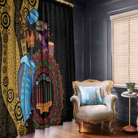 Pair of African-themed window curtains with dancer artwork on one and dark textured stripes on the other.
