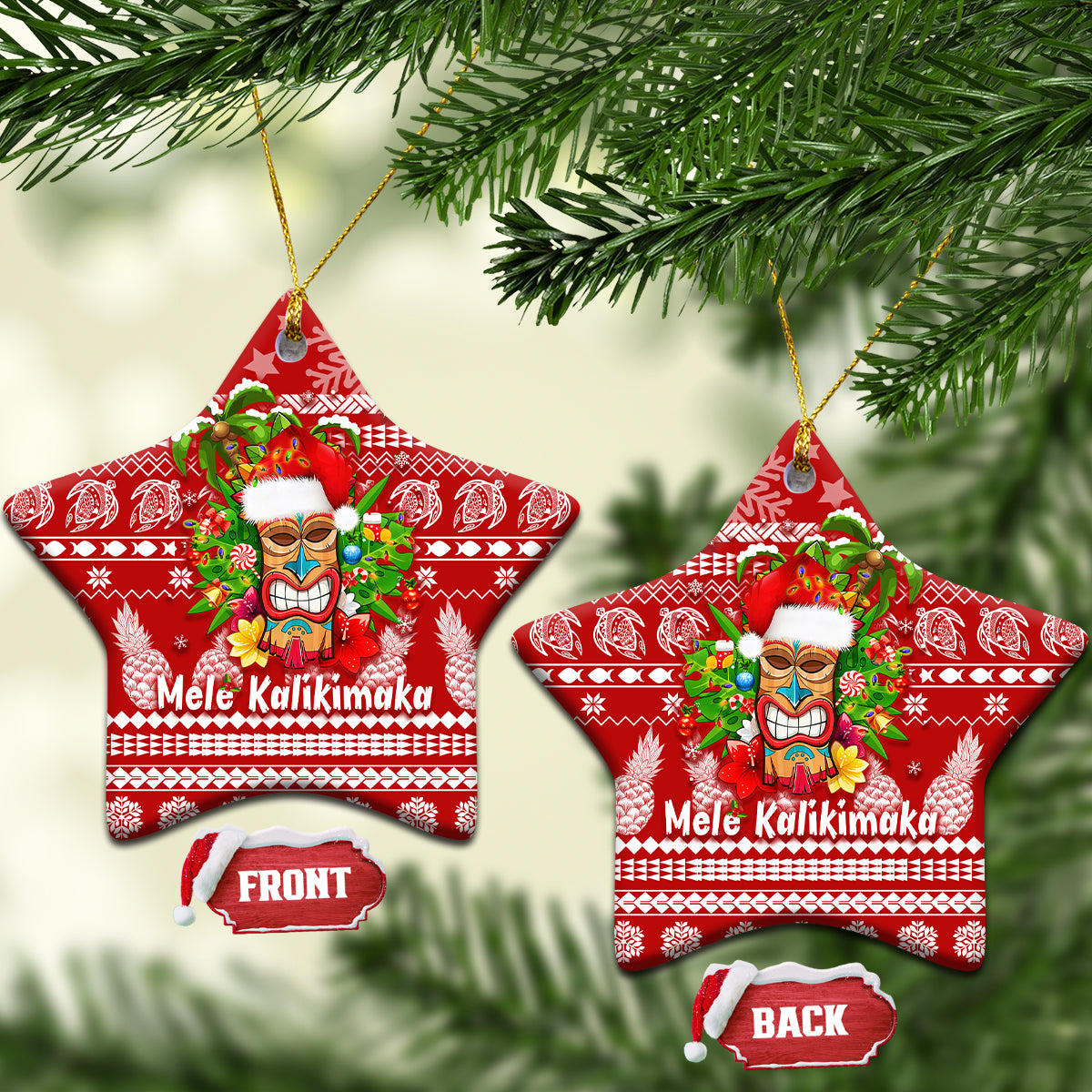 Red star ceramic Christmas ornaments with Mele Kalikimaka tiki design and gold hanging loops