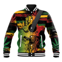 Reggae graphic baseball jacket with snap-front and striped ribbed collar, multicolor print