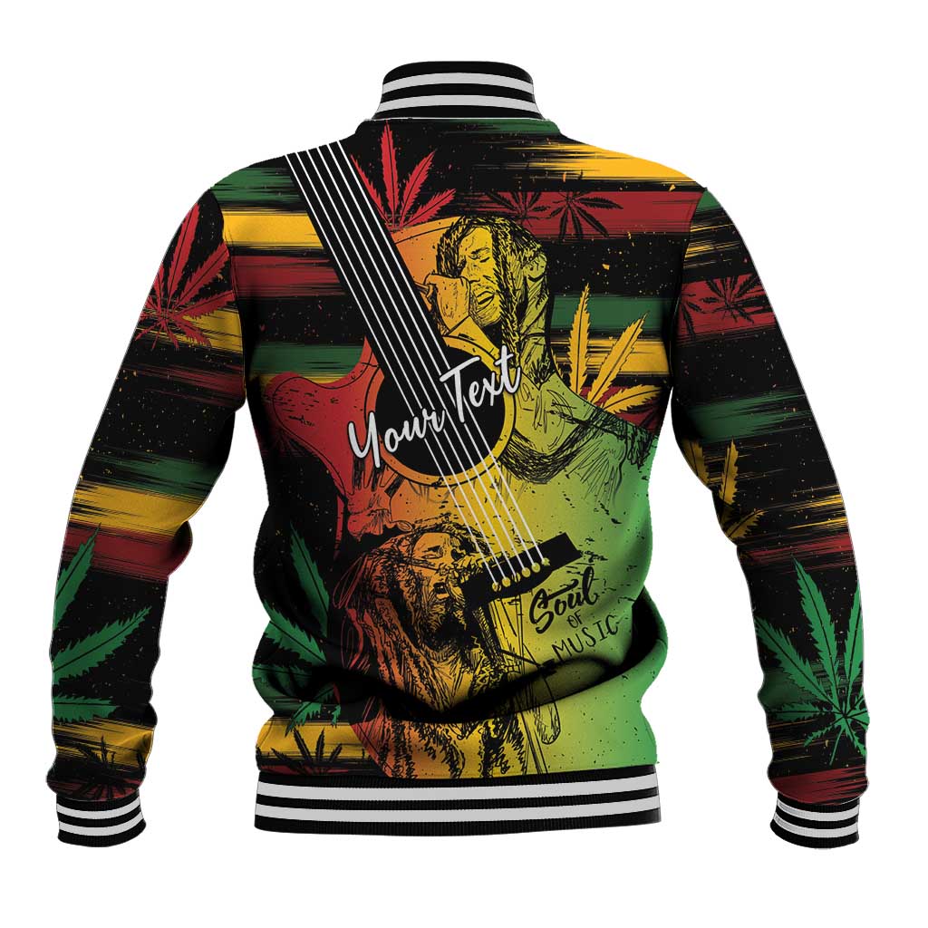 Reggae graphic baseball jacket, back view with vertical stripe panel and ribbed cuffs
