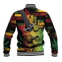 Reggae graphic baseball jacket, back view with vertical stripe panel and ribbed cuffs