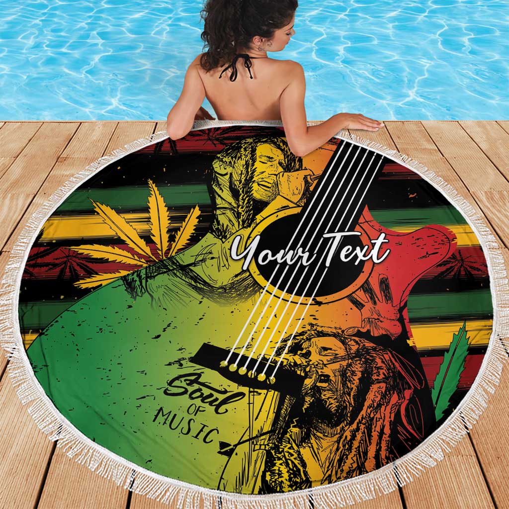 Round beach blanket with white fringe, colorful reggae portrait guitar print and 'YourText'.