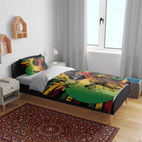 Personalised reggae bedding set on single bed; green red yellow music artwork