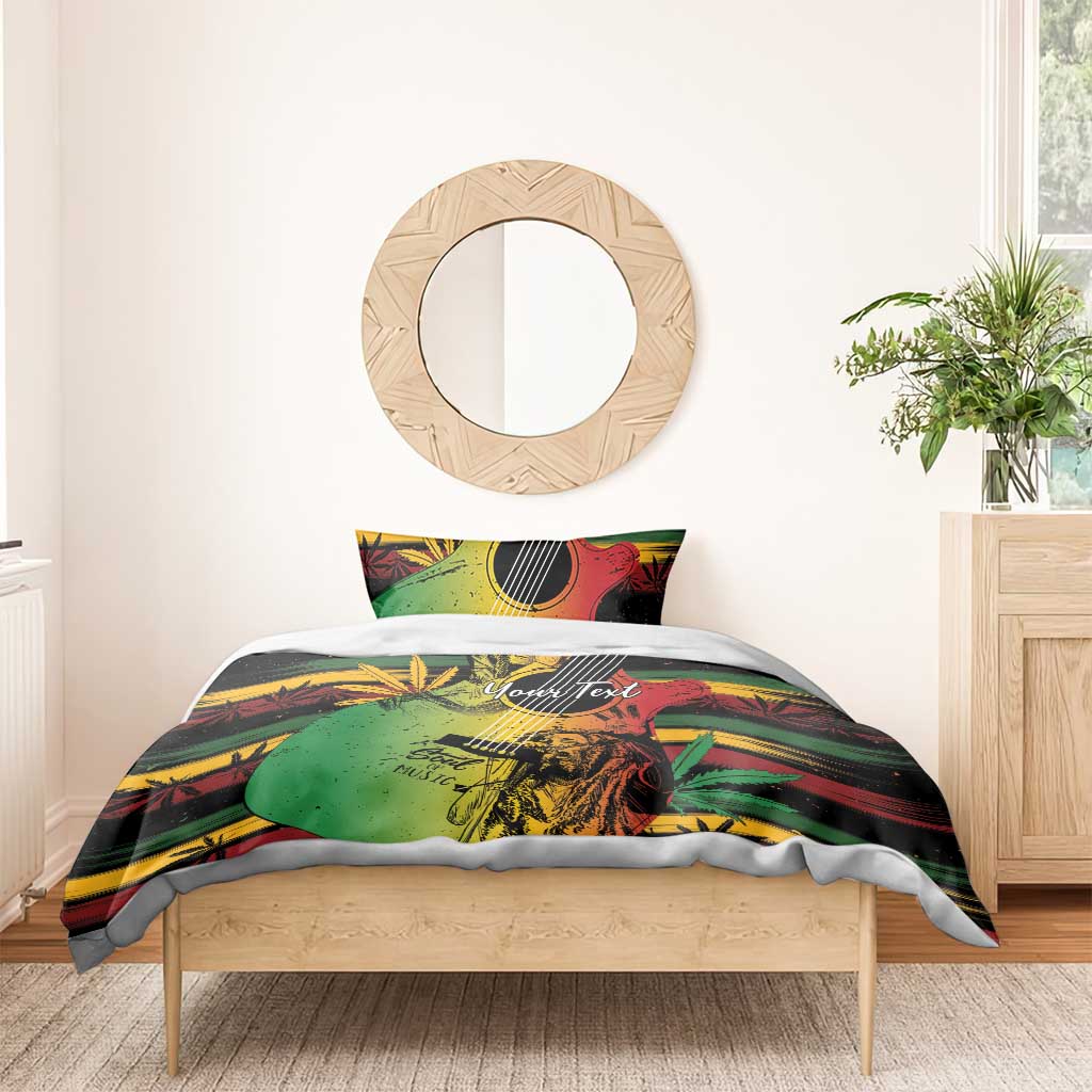 Reggae soul bedding set on bed with your customized YourText on green red yellow duvet