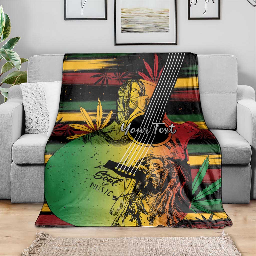 Multicolor reggae-style blanket draped over a couch with illustrated musician and 'Your Text'