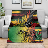 Multicolor reggae-style blanket draped over a couch with illustrated musician and 'Your Text'