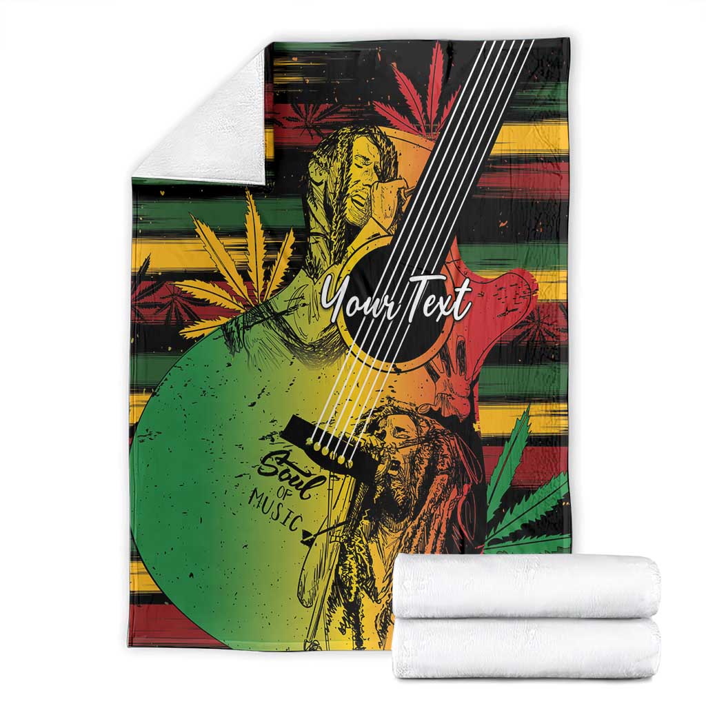 Folded reggae-style blanket set with illustrated musician and 'Your Text' graphic, multicolor