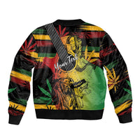 Bomber jacket with ribbed hem and back graphic of musician, diagonal strap-like stripes