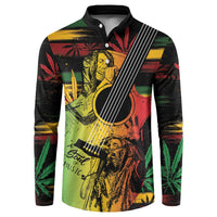 Black button-front long-sleeve sweatshirt with reggae soul graphic and guitar stripe design