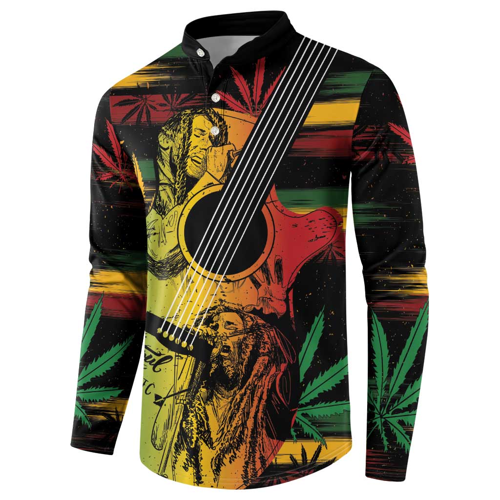 Black button-front long-sleeve sweatshirt with reggae soul portrait, guitar stripe diagonal