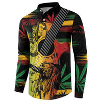 Black button-front long-sleeve sweatshirt with reggae soul portrait, guitar stripe diagonal