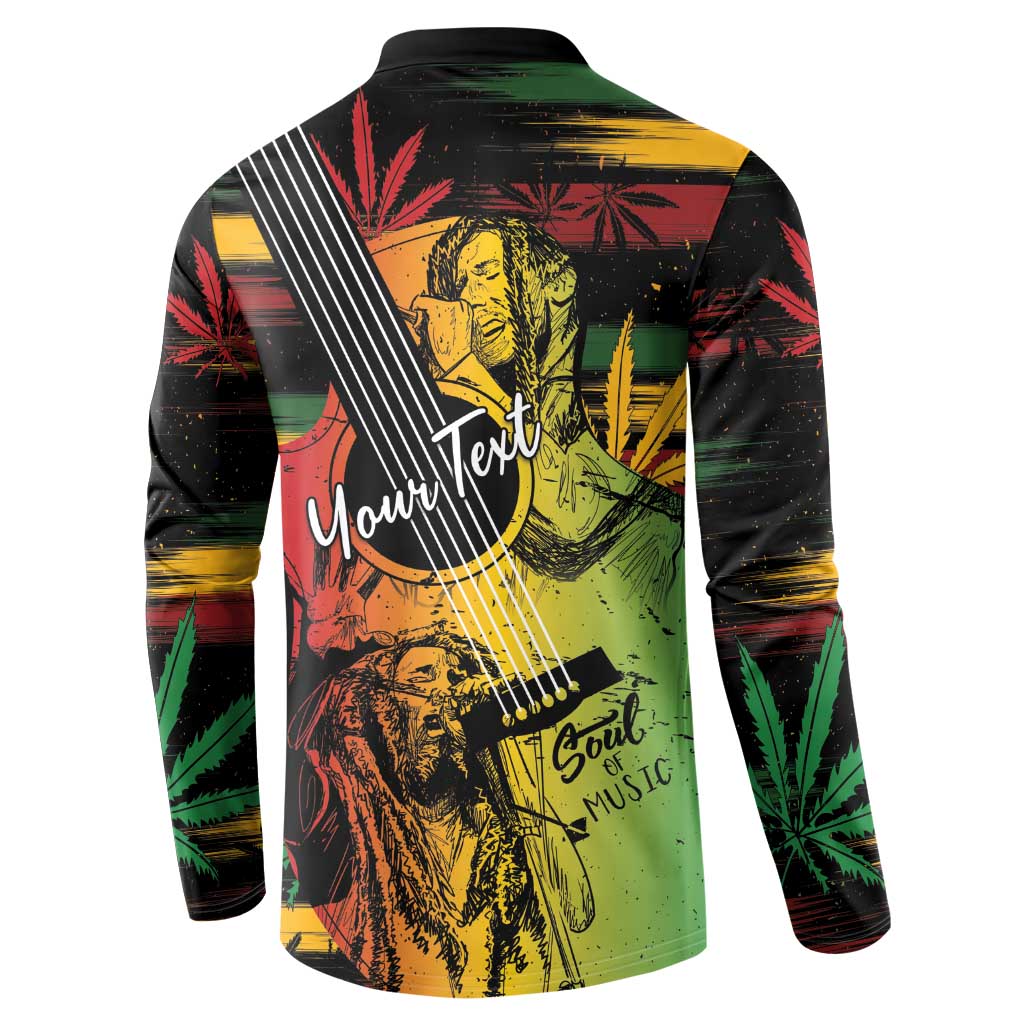 Back view black button-front long-sleeve sweatshirt with reggae soul music text graphic