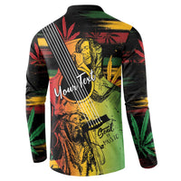 Back view black button-front long-sleeve sweatshirt with reggae soul music text graphic