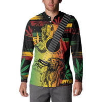 Mens black button-front long-sleeve sweatshirt with reggae soul portrait artwork and stripe