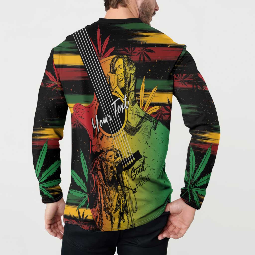 Back view black button-front long-sleeve sweatshirt with reggae soul guitar and text graphic