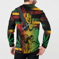 Back view black button-front long-sleeve sweatshirt with reggae soul guitar and text graphic