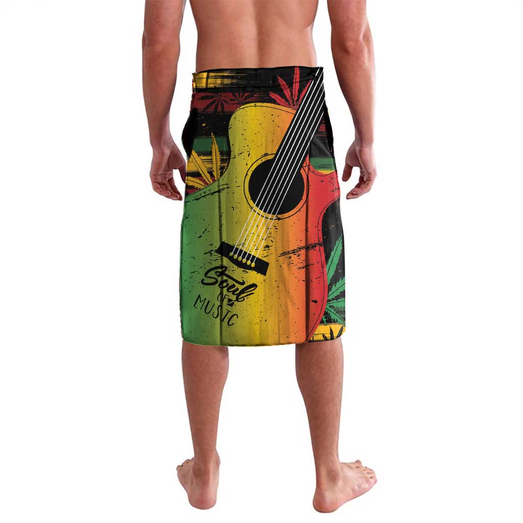 Reggae graphic board shorts with musical instrument art, split color panels, elastic waist