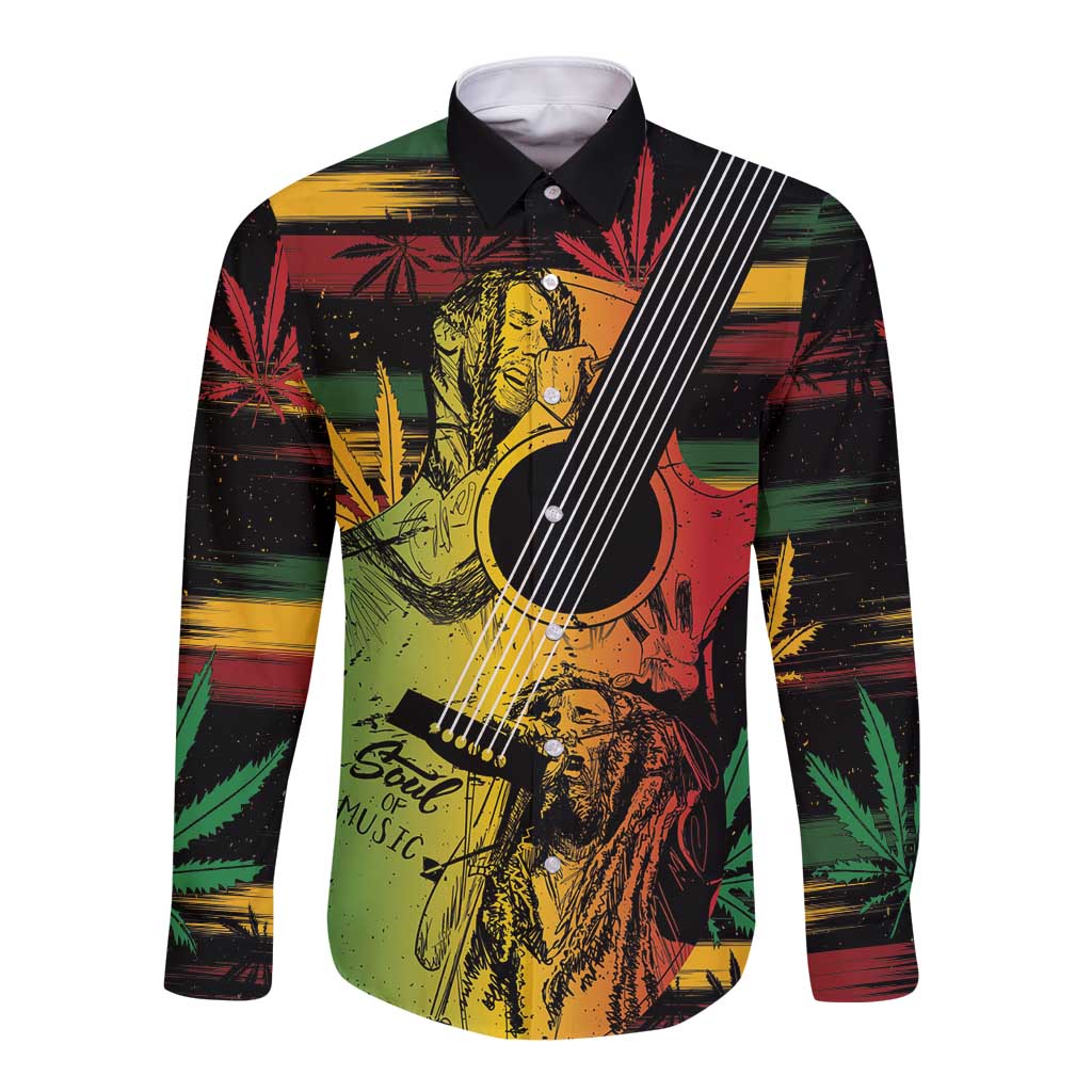 Long-sleeve button shirt with reggae musician and guitar graphic, black collar