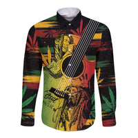 Long-sleeve button shirt with reggae musician and guitar graphic, black collar