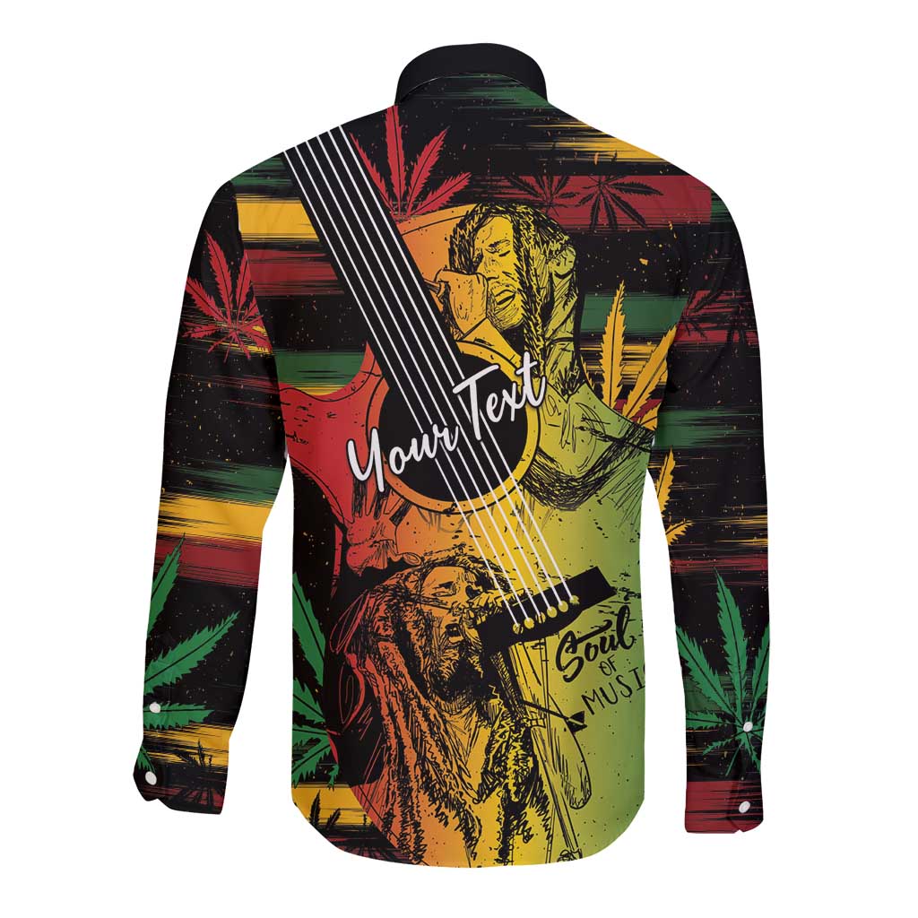 Long-sleeve button shirt back with reggae musician and guitar print, diagonal stripes