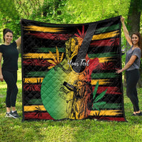 Reggae soul quilt displayed outdoors, showing a colorful guitar-and-dancer artwork on black