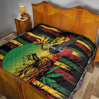 Reggae soul quilt on a bed, featuring colorful reggae guitar and dancer artwork