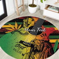 Round reggae-style music rug with green, yellow, red, and black illustrated musician