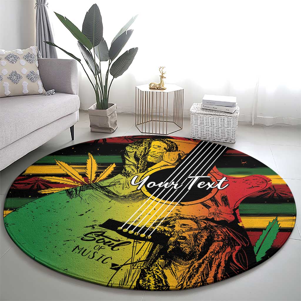 Round reggae music rug with illustrated musician, strings graphic, and “YourText”