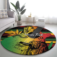 Round reggae music rug with illustrated musician, strings graphic, and “YourText”