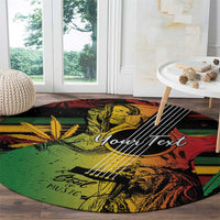 Round reggae-style rug on wood floor, black and white portrait with “YourText”