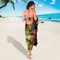 Personalized reggae sarong wrap with black side stripes and central portrait sketch design