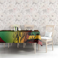 Personalized reggae soul tablecloth across long table, vibrant green red yellow black sketch print