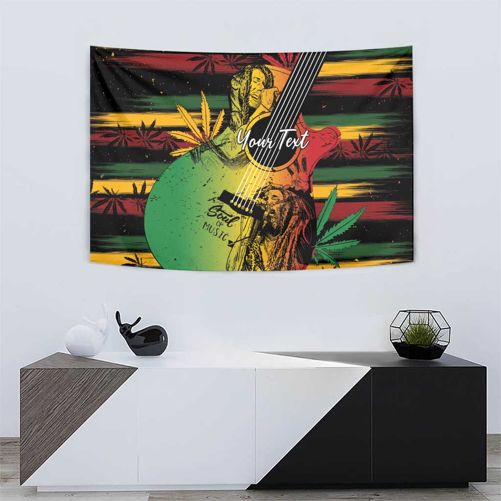 Reggae soul tapestry with illustrated musician, guitar strings, and “Your Text” in center