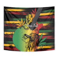 Reggae soul tapestry close-up with illustrated guitarist and “Your Text” over colorful stripes