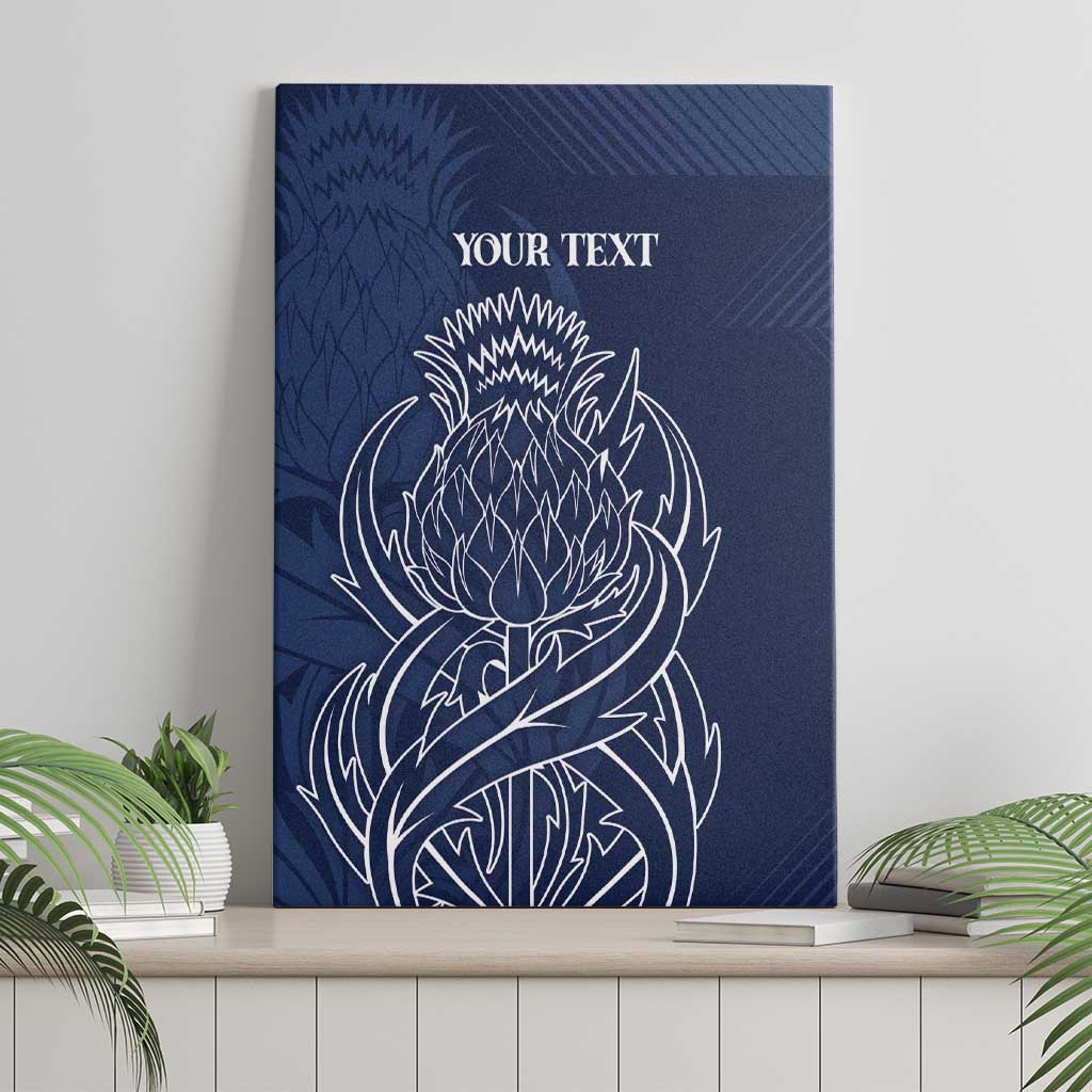 Blue thistle canvas wall art with 'YOUR TEXT' and white line artwork, upright