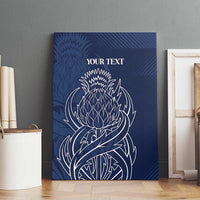 Blue thistle canvas wall art with 'YOUR TEXT' and white line artwork, flat photo