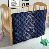 Blue quilt blanket with thistle line art and 'YOUR TEXT' for crib