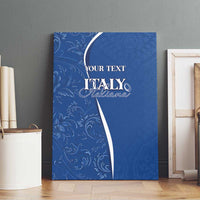 Blue canvas wall art with ornate vine pattern, “Italy Italiana,” and “Your Text”