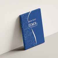 Blue canvas wall art mounted on a wall with “Italy Italiana” and “Your Text”
