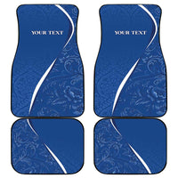 Set of four blue car floor mats with white swoosh and 'YOUR TEXT' text