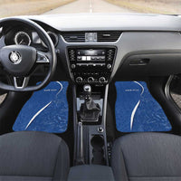 Pair of blue car floor mats with white design and 'YOUR TEXT' on driver and passenger