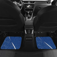 Pair of blue rear car floor mats with white design and 'YOUR TEXT' text