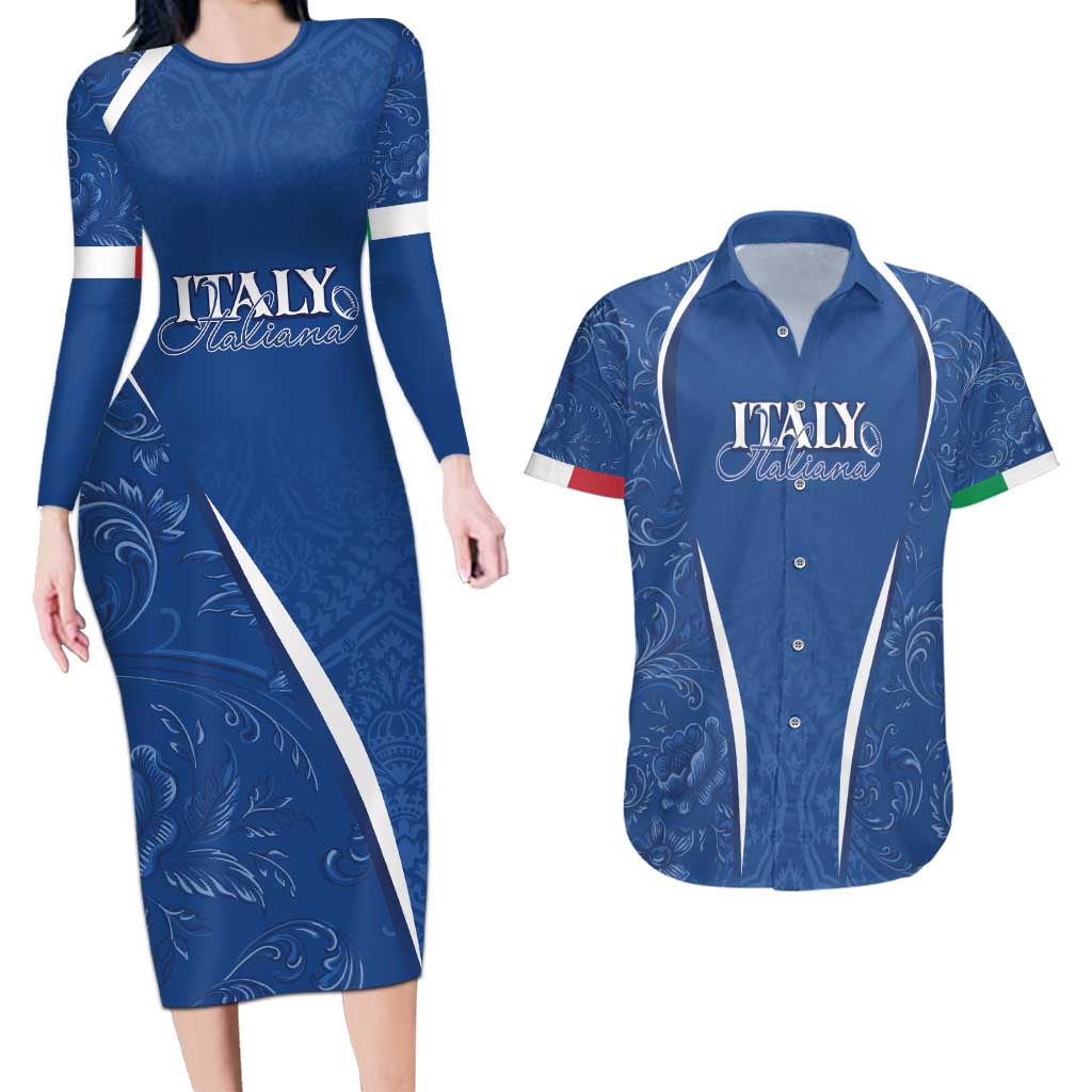 Italy Rugby Personalized Couples Matching Long Sleeve Bodycon Dress and Hawaiian Shirt Azzurro Savoia - Renaissance Inspired