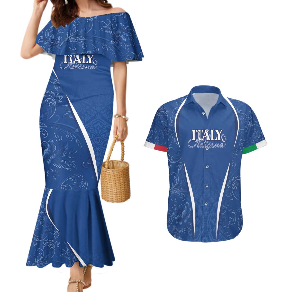 Italy Rugby Personalized Couples Matching Mermaid Dress and Hawaiian Shirt Azzurro Savoia - Renaissance Inspired