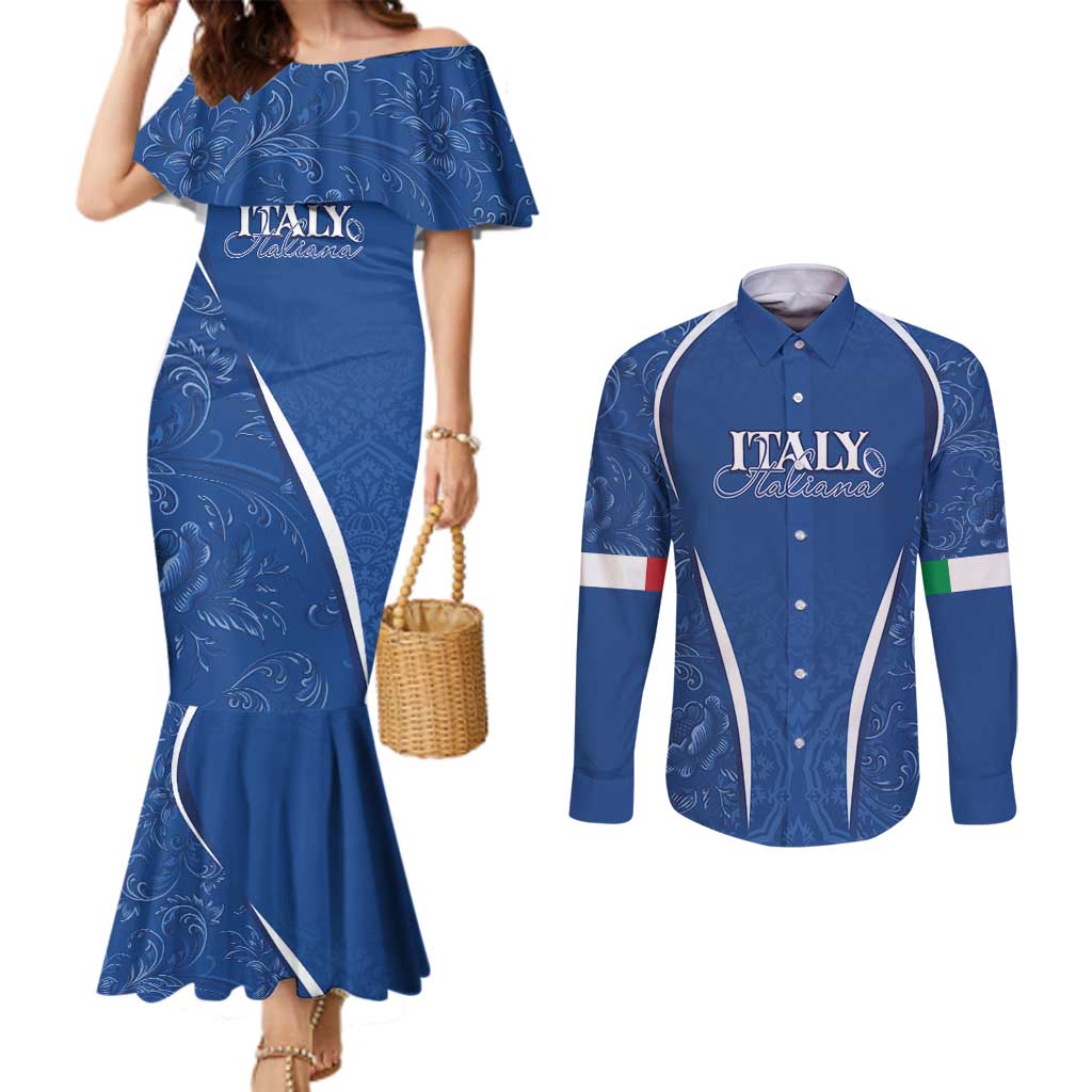 Italy Rugby Personalized Couples Matching Mermaid Dress and Long Sleeve Button Shirt Azzurro Savoia - Renaissance Inspired